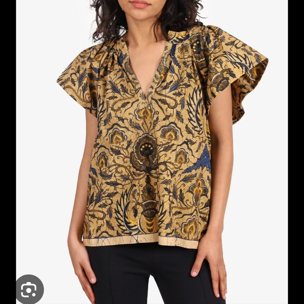 Ulla Johnson Black & Yellow Floral V-Neck Blouse Size 4 Boho Ruffle Sleeve